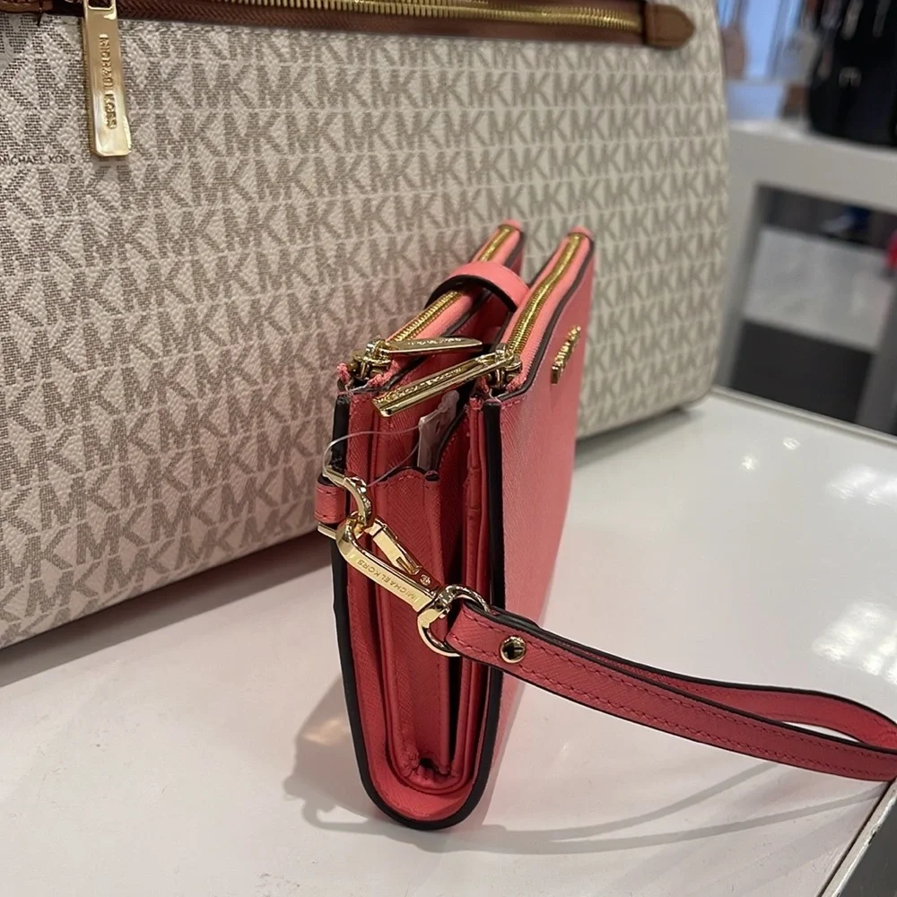 MICHAEL KORS LARGE DOUBLE ZIP WRISTLET WALLET PHONE CASE CLUTCH Tea Rose NWT